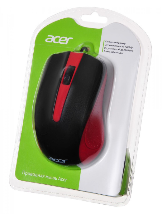 Мышь проводная Acer OMW012, оптическая, USB, 1200dpi, черный и красный [zl.mceee.003]