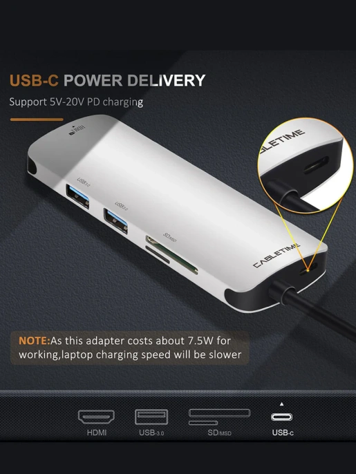 USB-C концентратор  CABLETIME (CT-C160-PU32) 6-в-1 с HDMI и USB 3.0
