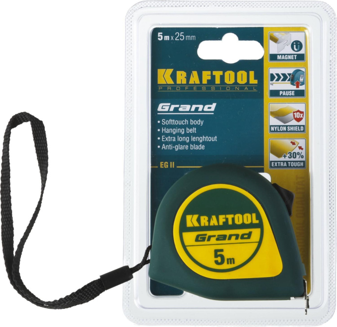 Рулетка строительная Kraftool Grand дл.полотна 5м изм.шкала в см зацеп магнитный зеленый 34022-05-25