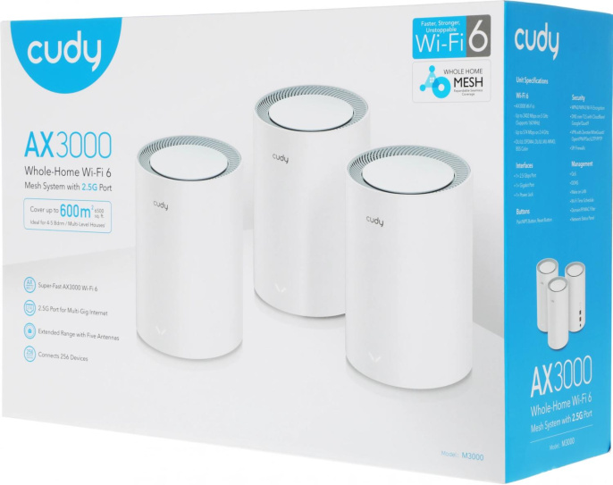 Бесшовный Mesh роутер Cudy M3000 M3000 3-PACK WHITE AX3000 100/1000/2500BASE-T белый упак.:3шт (M3000(3-PACK) WHITE)