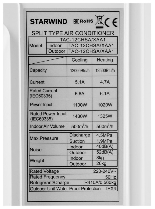 Сплит-система StarWind TAC-12CHSA/XAA1 настенная, до 35м2, 12000 BTU, (комплект из 2-х коробок)