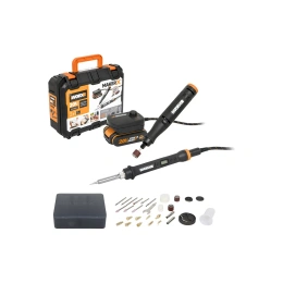 Гравировальная машинка WORX WX739.9 + Выжигатель WORX WX744.9, 20 В, 2 Ач, адаптер, ЗУ, кейс WX988