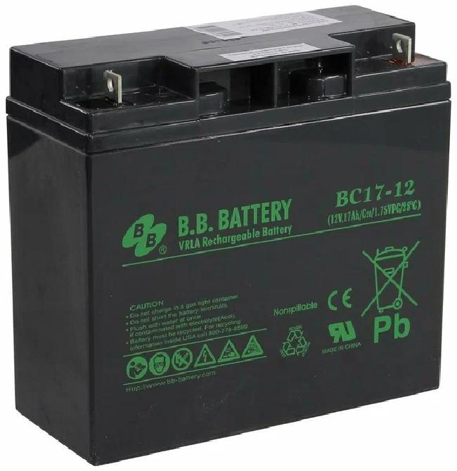Батарея B.B. Battery серия BC, BC17-12, напряжение 12В, емкость 17Ач разряд 20 часов , макс. ток разряда 5 сек. 255А, макс. ток заряда 5.1A, свинцово-кислотная типа AGM, клеммы B1, ДxШxВ 181x76x166мм., вес 5.62кг., срок службы 5-7 лет/ B.B. Battery ser