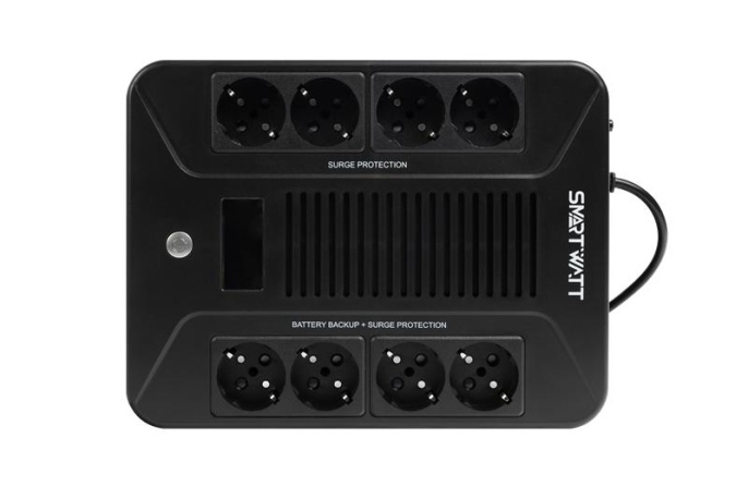 ИБП SMARTWATT UPS SAFE PRO LCD 800 линейно-интерактивный, 800/480 ВА/Вт, напольный/настенный, LCD дисплей, Schuko CEE7/4 - 8 шт. 4 шт. с резервным питанием, 4 шт. - сетевой фильтр