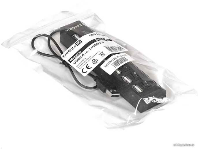 USB-Хаб концентратор 7-в-1 ExeGate DUB-72SW кабель-адаптер USB2.0 -- 7xUSB2.0, кнопки включения/отключения для каждого порта, Plug&Play, черный EX293978RUS
