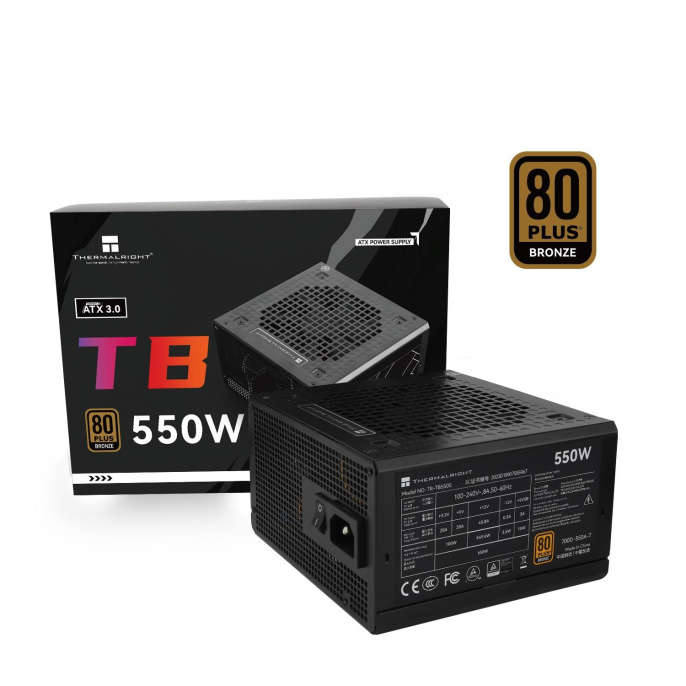 Блок питания 550W/ Power Supply Thermalright, 550W 80+ Bronze ATX, 3.0, Non-modular, 1x24 20+4 pin 550mm, 1xCPU*2 8 4+4 pin 600+150mm, 1xPCIe 8 6+2 pin 450mm, 1xSATA*3+MOLEX4pin*1 400+150+150+150mm, 1xSATA*2+MOLEX4pin*2 400+150+150+150mm, Active, 120x120