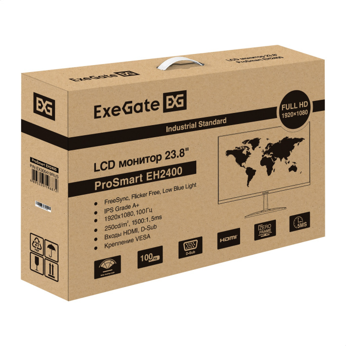 Монитор 23.8" 100 Гц ExeGate ProSmart EH2400 (IPS LED Grade A+, FHD, 1920x1080@100Hz, 16:9, 250cd/m2, 1500:1, 178°/178°, 3-5ms, D-Sub, HDMI, FreeSync, Flicker-free, Low Blue Light, HDMI cable 1.5m, VESA, регулировка наклона (tilt), black) EX300419RUS