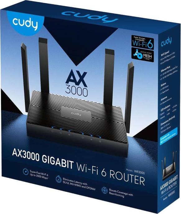 Wi-Fi роутер CUDY WR3000,  Wi-Fi 6,  AX3000,  2.4/5ГГц, 4 LAN,  черный