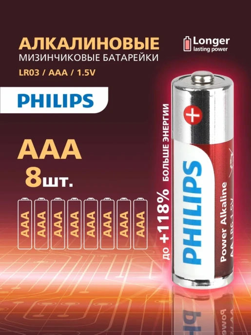 Батарейки Philips LR03P8W/51 ААА алкалиновые 1,5v 8 шт. LR03-8BL Power 8/160/38400 . Грузить кратно 8.