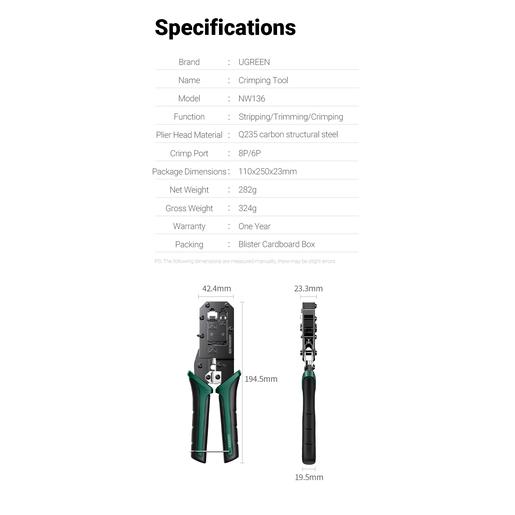 Обжимные клещи UGREEN NW136 (70683) Crimping Tool. Цвет: черно-зеленый