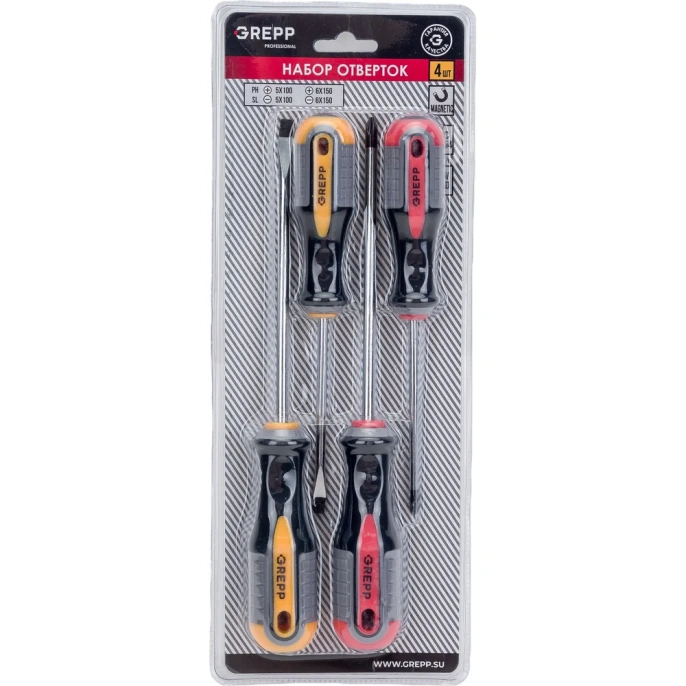 Набор отверток Ladina GREPP PH1х100 мм, PH2х100 мм, SL5х100 мм, SL6х150 мм, CrV, 3х комп. ручка, 4 шт. 201-024