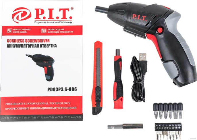 Электроотвертка P.I.T. PD03P3.6-006 (аккумуляторная, 3,6 В, 3.5 Нм, 1.3 Ач, биты 15шт, поворотная рукоятка, USB ЗУ, фонарик, кейс)