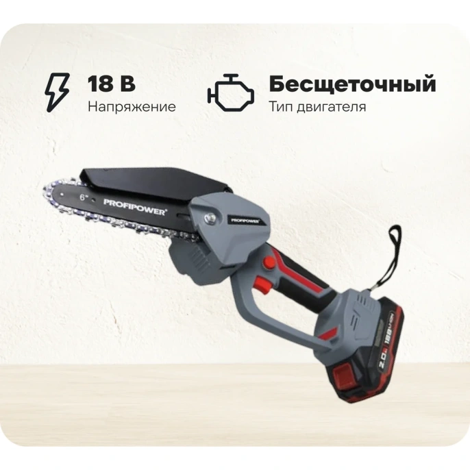 Аккумуляторная бесщеточная цепная пила Profipower MKGST-18V (Li-ion-2шт, 2.0Ач, 0-4500 об/мин, З/У, коробка) E0097
