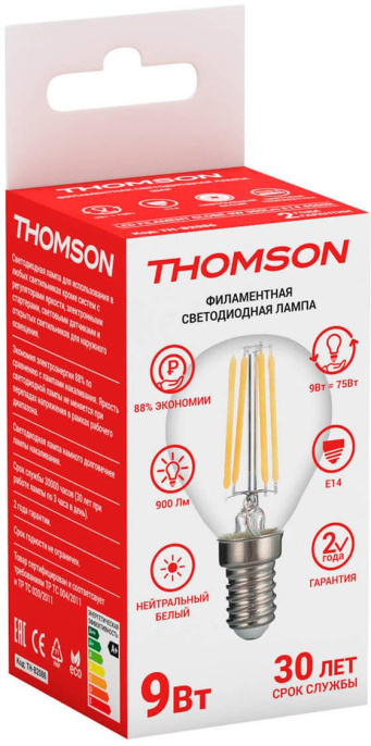 Лампа филаментная Thomson E14,  шар, 9Вт, TH-B2086, одна шт.