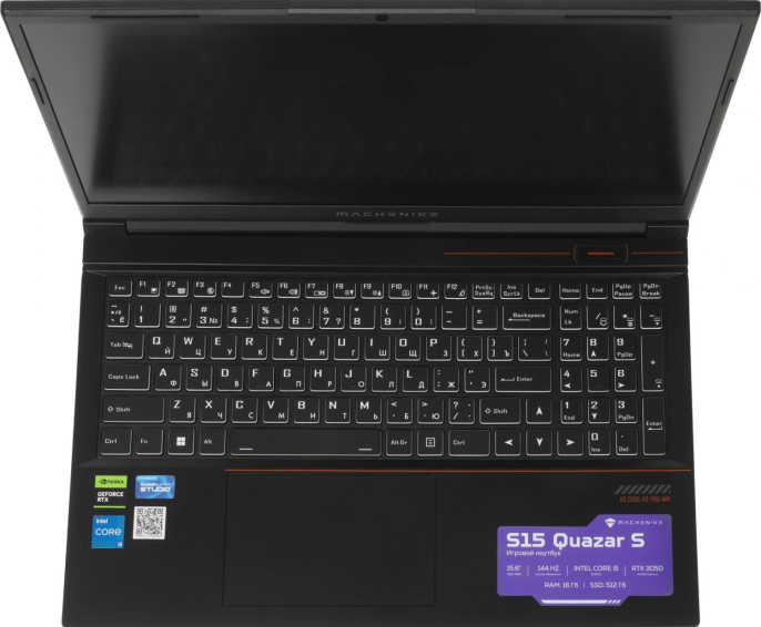 Ноутбук Machenike S15 Quazar S Core i5 12450H 16Gb SSD512Gb NVIDIA GeForce RTX 3050 4Gb 15.6" IPS FHD 1920x1080 без ОС black WiFi BT Cam 2668mAh JJ00GB00JRU