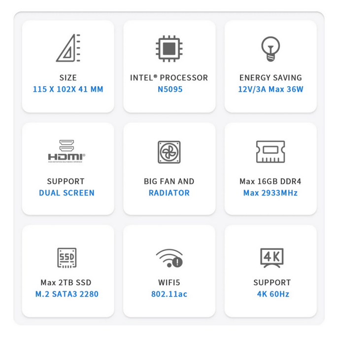 Мини-компьютер Beelink MINI S, CPU: Intel® Celeron® N5095 Processor , 4C/4T , GPU : Intel® UHD Graphics , 8GB DDR4 RAM  128GB SSD , Wi-Fi 5 ; Bluetooth 5.0; LAN 1000M BL/MINI S/N5095/8G/128G/Navy Blue