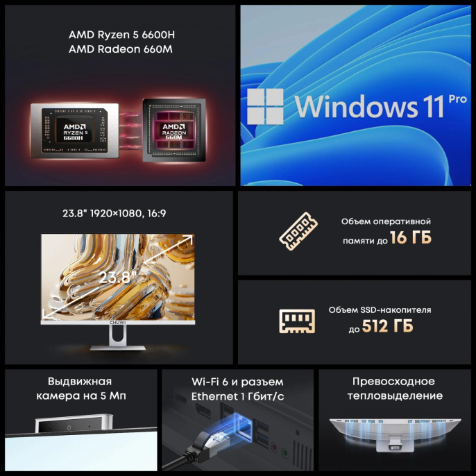 Моноблок Chuwi Unitech 24 23.8" Full HD Ryzen 5 6600H 3.3 16Gb SSD512Gb 660M Windows 11 Pro GbitEth WiFi BT 48W клавиатура мышь Cam белый 1920x1080 (23437282)