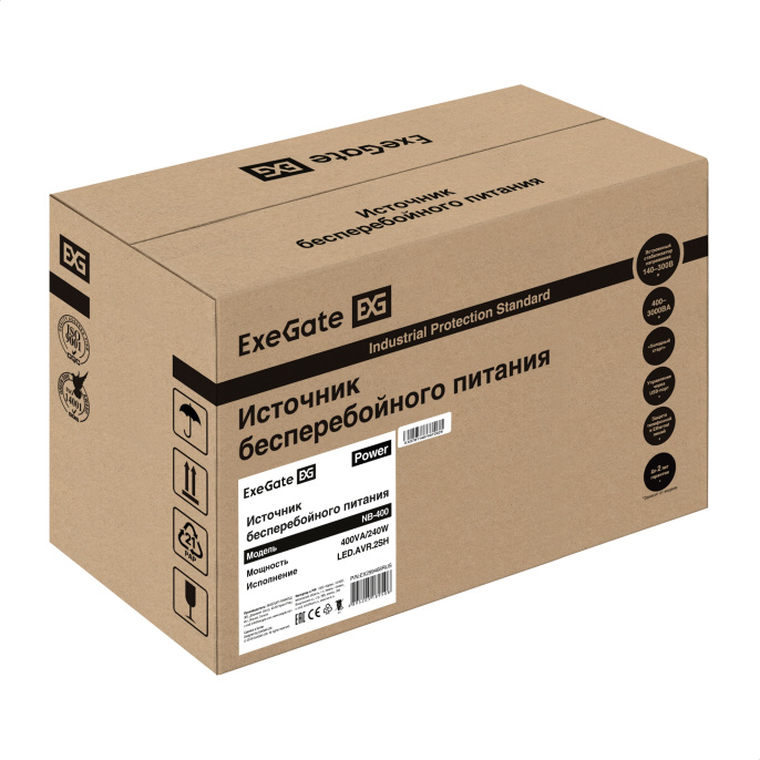 ИБП ExeGate Power NB-400.LED.AVR.2SH (400VA/240W, LED, AVR, 2*EU/Тип F(Schuko), батарея 12V 4.5Ah, Black) EX299468RUS