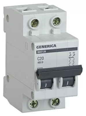 Выключатель автоматический IEK Generica MVA25-2-020-C 20A тип C 4.5kA 2П 400В 2мод серый (упак.:1шт)