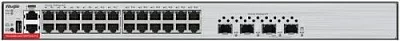 Ruijie RG-S5300-24GT4XS-E 24*10/100/1000Base-T Ethernet ports, 4 10 Gigabit SFP+ ports, 1 management Ethernet port (MGMT), 1 USB port, 1 Console port, and AC power input port on the rear panel