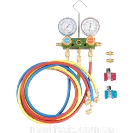 Алюминиевый блок манометров для фреона R12, R22, R134А 2 крана, 3 цветных шланга 60х1/4 FORCE 9G4102