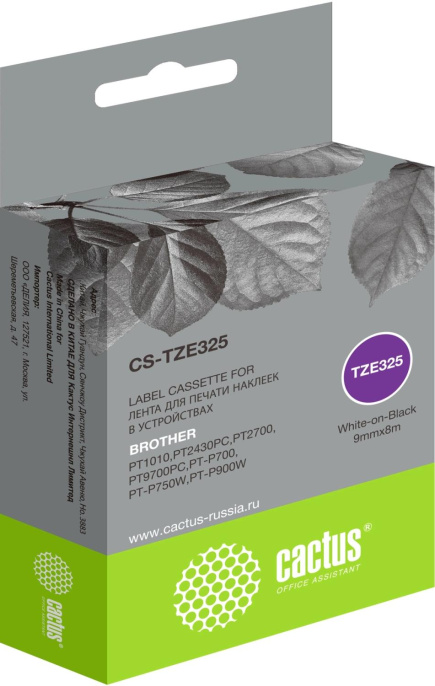 Картридж Cactus CS-TZE325, TZE-325, 9мм,  белый шрифт, черный фон,  8м ( CS-TZE325