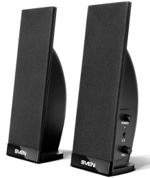 Акустика Sven 230 Black SV-0110230BK выходная мощность: 2x2Вт, частотный диапазон: 100-20000 Гц, разъем для подключения наушников, поворотная ручка регулировки уровня громкости на боковой панели, пластиковый корпус, выключатель питания, размер: 65x200x