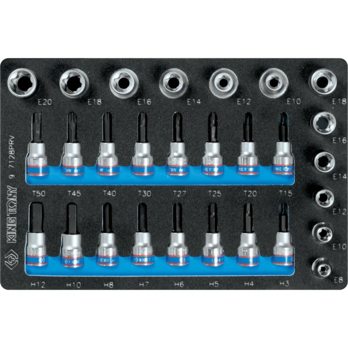 Набор торцевых насадок и головок 1/2"&3/8", TORX, HEX, Е6-Е20, ложемент, 28 предметов KING TONY 9-7128PRV