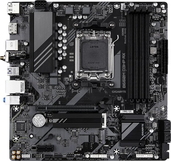 Материнская плата GigaByte B650M D3HP rev. 1.2 mATX, 24.4x24.4 см, AMD B650, 4xDDR5 DIMM, 8000МГц, до 256GB (B650M D3HP (rev. 1.2))