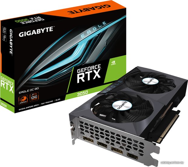 Видеокарта Gigabyte RTX 3050 Eagle OC 8G GDDR6 GV-N3050EAGLE OC-8GD NVIDIA GeForce RTX 3050, PCI Express 4.0, 8GB GDDR6, 128bit, 1792 MHz, 2560sp, 2хHDMI, 2хDisplayPort