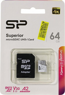 Карта памяти Silicon Power SP064GBSTXDA2V20SP microSDXC Memory Card 64Gb UHS-I U3 V30 A2 + microSD-- SD Adapter