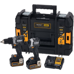 Набор электроинструментов DeWalt DCK200MP2T-QW в комплект входят: бесщеточная ударная дрель McLaren, бесщеточный компактный ударный гайковерт, 2 аккумулятора по 4 А·ч и зарядное устройство на 4 А