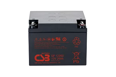 Батарея CSB серия GP, GP12260, напряжение 12В, емкость 26Ач (разряд 20 часов), макс. ток разряда (5 сек.) 350А, ток короткого замыкания 650А, макс. ток заряда 7.8A, свинцово-кислотная типа AGM, клеммы В1, под гайку и болт М5, ДxШxВ 166x175x125мм., вес 8.4