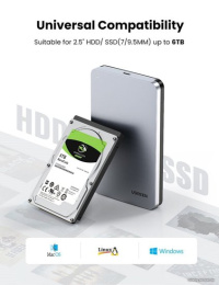 Бокс внешний для жесткого диска UGREEN CM300 70498 2.5-Inch SATA External Hard Drive Enclosure. Цвет: серый