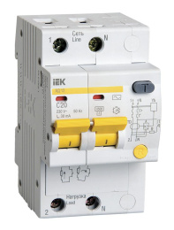 Выключатель автом. дифф. тока IEK MAD10-2-020-C-030 АД12 20A тип C 4.5kA 30мА AC 2П 230В 3мод белый упак.:1шт