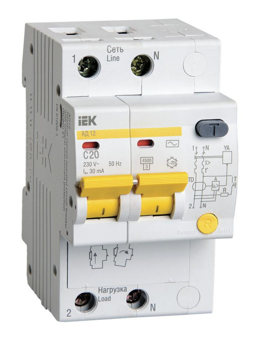 Выключатель автом. дифф. тока IEK MAD10-2-020-C-030 АД12 20A тип C 4.5kA 30мА AC 2П 230В 3мод белый упак.:1шт