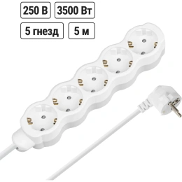 Удлинитель сетевой TDM ELECTRIC 5 розеток, 5 метров, с заземлением, с защитной шторкой, ПВС 3х1мм2 16А 250В бело-серый SQ1303-0240