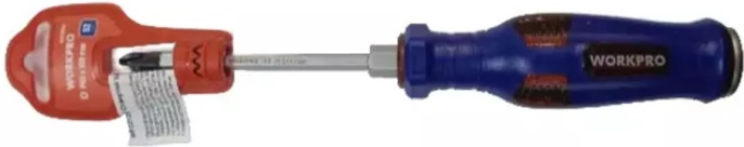 Отвертка WorkPro PH2x100мм WP221204 ударная крестовая, стержень из стали S2 с шестигранной втулкой, черный магнитный наконечник, стержень проходит через ручку, металлический ударный колпачок