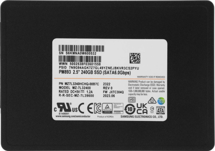 SSD накопитель Samsung PM893 MZ7L3240HCHQ-00B7C 240ГБ, 2.5", SATA III,  SATA,  oem