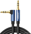 Кабель UGREEN AV112-60178 AUX 3.5mm M to AUX 3.5mm M , улогвой 90°, позолоченные коннекторы, Качество стереозвучания Hi-Fi, в нейлоновой оплётке, 0.5m, Blue-Black