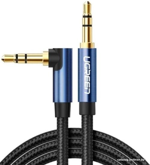 Кабель UGREEN AV112-60178 AUX 3.5mm M to AUX 3.5mm M , улогвой 90°, позолоченные коннекторы, Качество стереозвучания Hi-Fi, в нейлоновой оплётке, 0.5m, Blue-Black