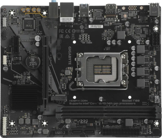 Материнская плата Gigabyte H610M K DDR4, RTL Socket 1700, Intel®H610, 2xDDR4-3200, HDMI, 1xPCI-Ex16, 1xPCI-Ex1, 2xSATA3, 1xM.2, 8Ch Audio, GLan, 4+2 xUSB2.0, 2+2 xUSB3.2, mATX, RTL