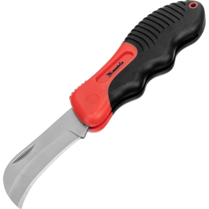 Складной нож электрика, изогнутое лезвие, эргономичная двухкомпонентная рукоятка MATRIX 78986