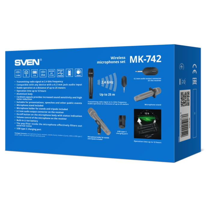 Микрофон Sven MK-742 (SV-022549) (динамический, ручной, для караоке, кардиоидная направленность, 100-12000 Гц, 60 дБ, разъем подключения: 6.3 мм, радиус действия: до 25 м, время работы до 12 часов, аккумулятор микрофона: Li-Ion 180mAh, аккумулятор ресивер