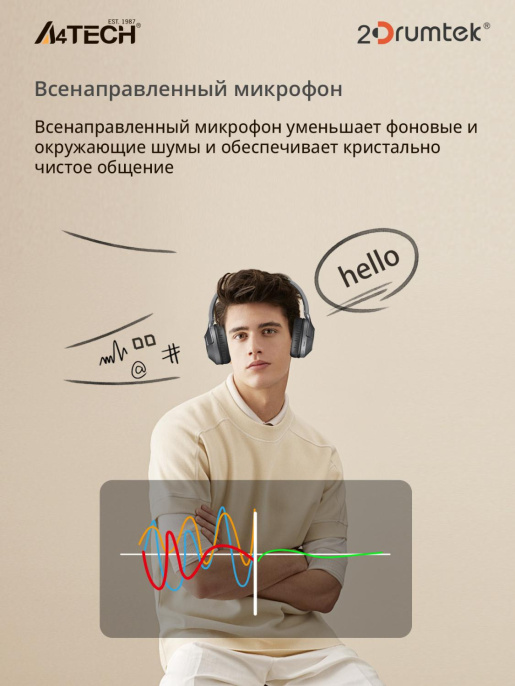 Наушники A4TECH 2Drumtek BH300, Bluetooth, мониторные, черный [bh300 ash grey]