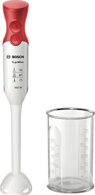Блендер Bosch MSM64010 (450 Вт, 2 скорости, от сети, длина шнура 140см, 4-х крыльевое лезвие, мерный стакан для смешивания, 1 пластиковая палочка для смешивания)
