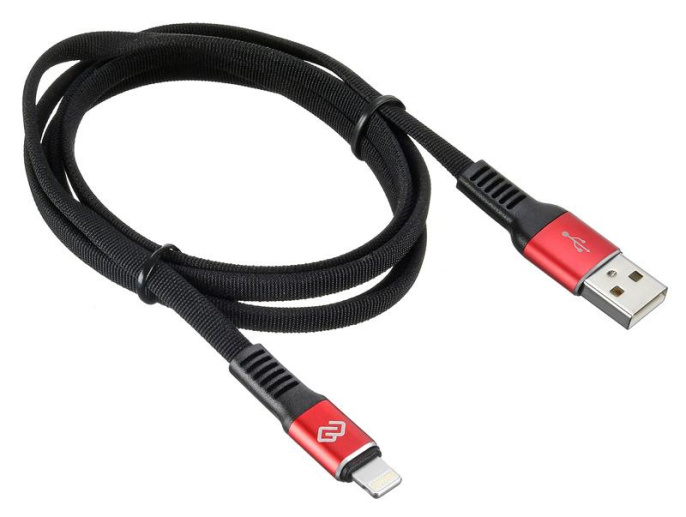 Кабель Digma LIGHT-1.2M-FLAT-BLK USB m -Lightning m 1.2м черный/красный плоский