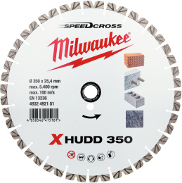 Алмазный диск Milwaukee Speedcross X-HUDD 350мм 4932492151 сегментный, по железобетону, высота сегмента до 13 мм, лазерная сварка крепления сегментов для надежности при агрессивной резке, внутренний диаметр диска: 25.4мм