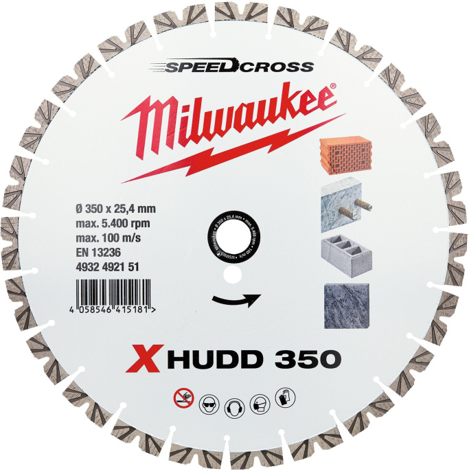 Алмазный диск Milwaukee Speedcross X-HUDD 350мм 4932492151 сегментный, по железобетону, высота сегмента до 13 мм, лазерная сварка крепления сегментов для надежности при агрессивной резке, внутренний диаметр диска: 25.4мм