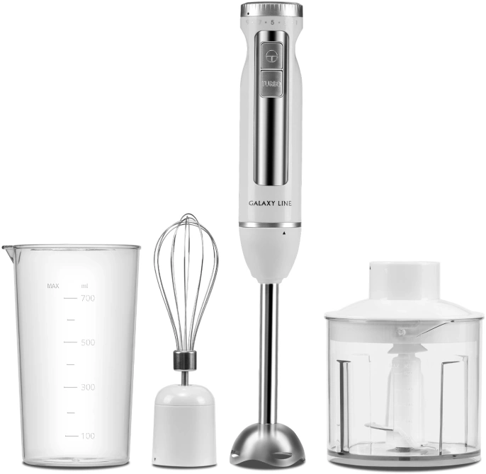 Блендер Galaxy Line GL2145 7020121450 погружной, 1300 Вт, 16000 об/мин, объем чаши: 0.5 л, объем мерного стакана: 0.7 л, плавная регулировка скорости, турбо режим, медный двигатель DC, кабель питания: 1 м, цвет: белый